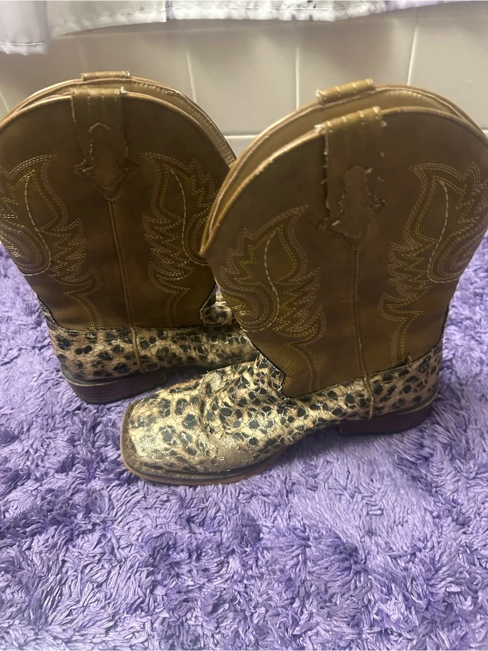Roper Brown and Leopard w/Gold Glitter Wide Square Toe Little Kids Cowboy Boots